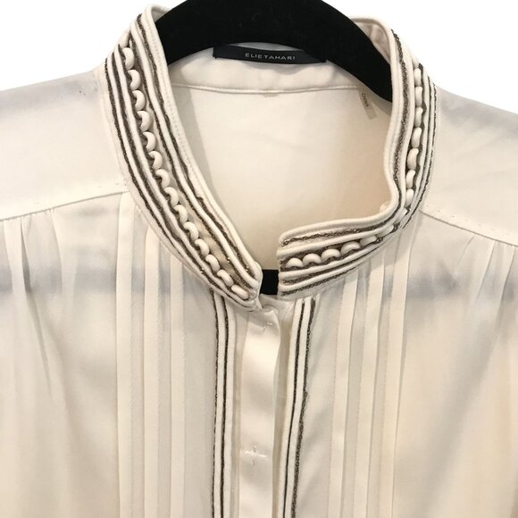 Elie Tahari Ivory Silk Long Sleeve Pintuck Blouse Embroidered Lurex Trim Size M - Picture 3 of 10